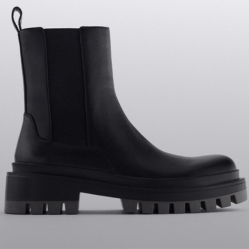 Zara Chunky Lug Sole Black Leather Boots - Picture 3 of 9